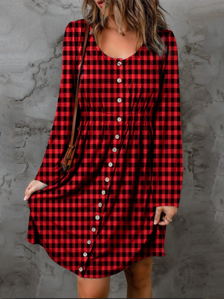 Double Take Full Size Plaid Round Neck Long Sleeve Magic Dress - PBNJ FASHIONS