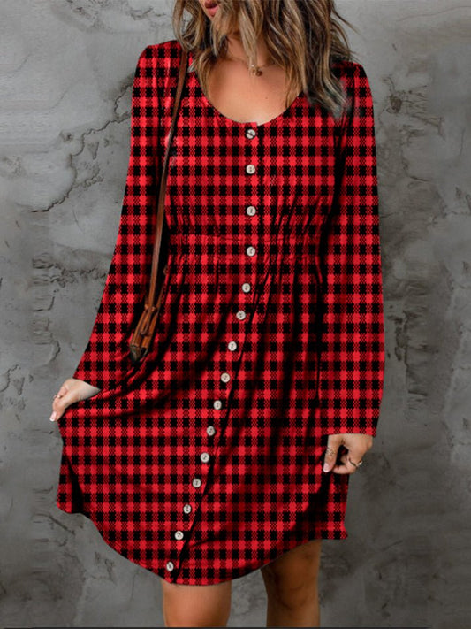 Double Take Full Size Plaid Round Neck Long Sleeve Magic Dress - PBNJ FASHIONS