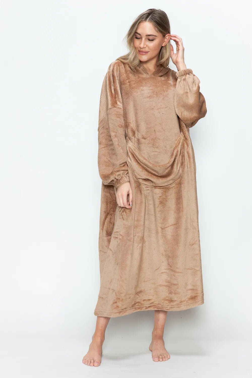 Double Take Full Size Pocketed Hooded Midi Lounge Dress - PBNJ FASHIONS