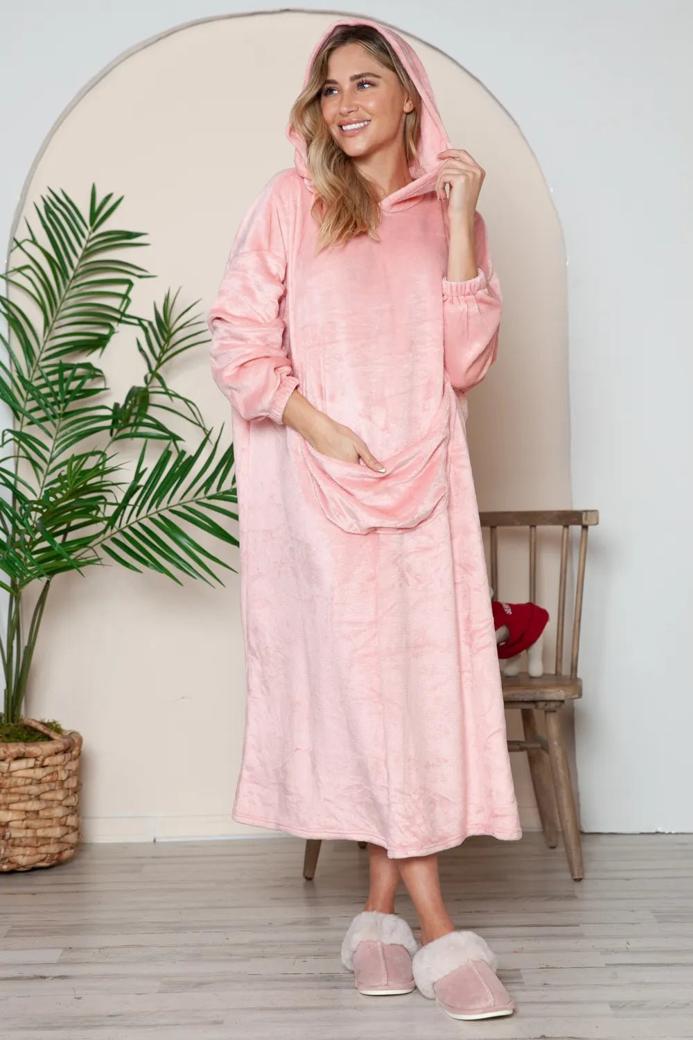 Double Take Full Size Pocketed Hooded Midi Lounge Dress - PBNJ FASHIONS