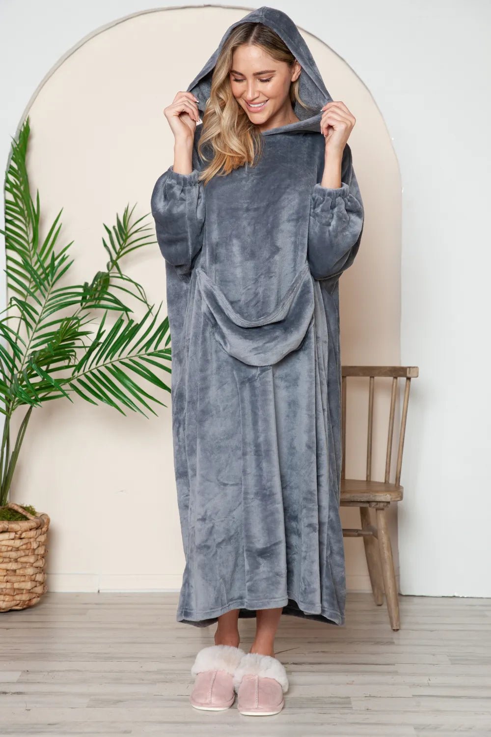 Double Take Full Size Pocketed Hooded Midi Lounge Dress - PBNJ FASHIONS