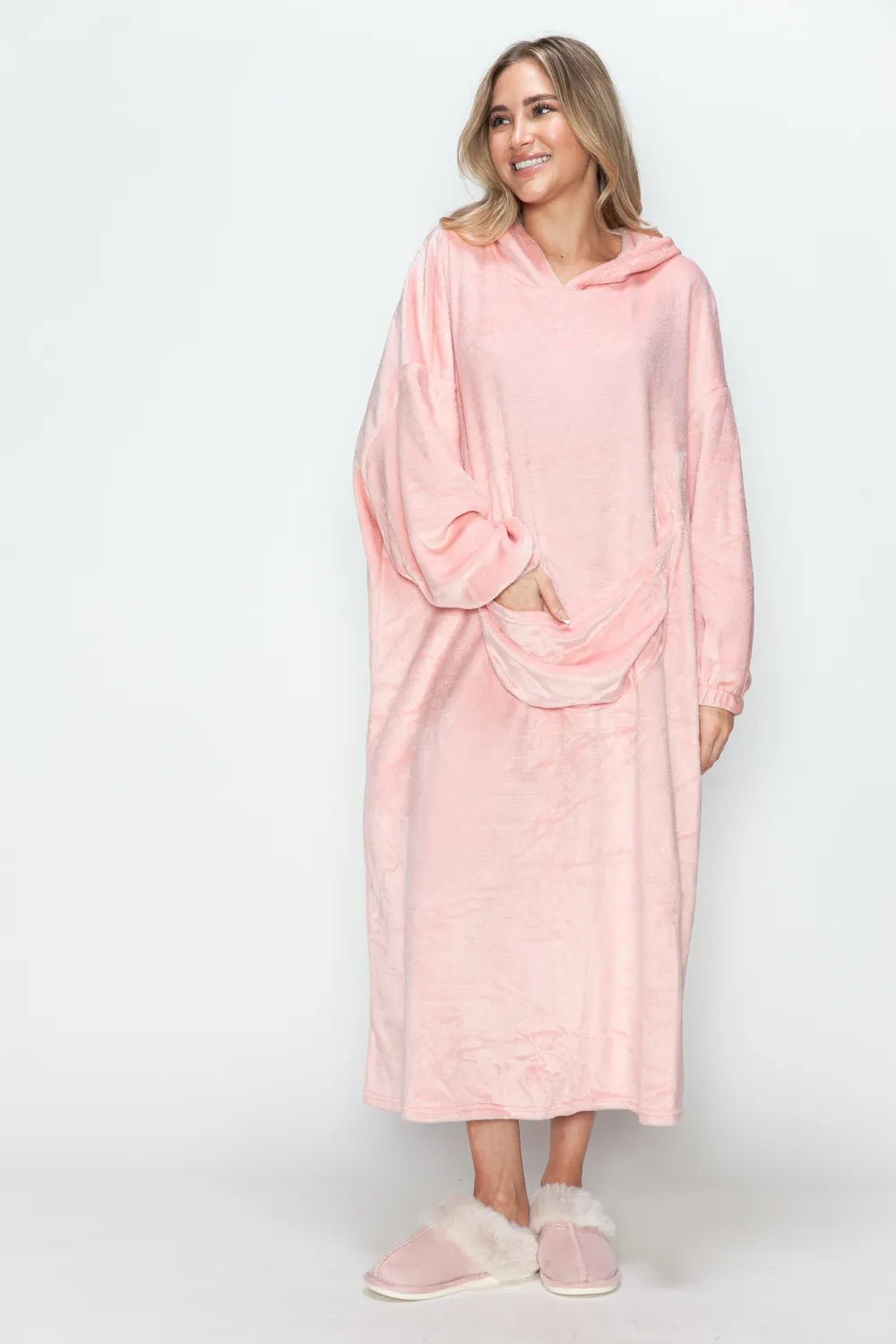 Double Take Full Size Pocketed Hooded Midi Lounge Dress - PBNJ FASHIONS