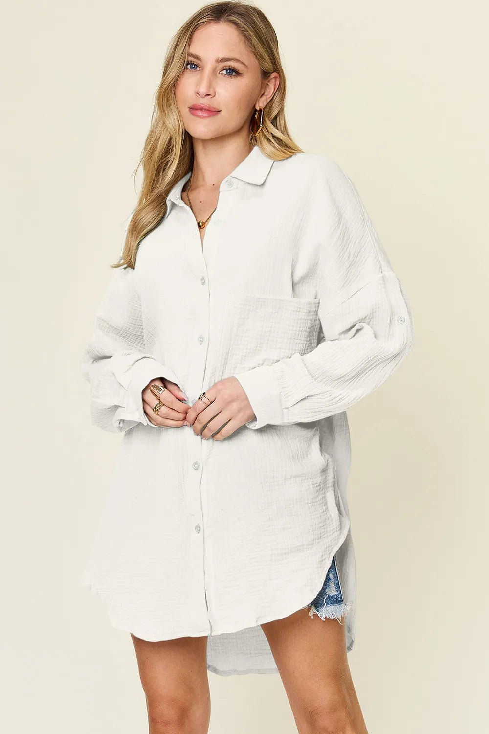 Double Take Full Size Pocketed Texture Button Up Shirt - PBNJ FASHIONS