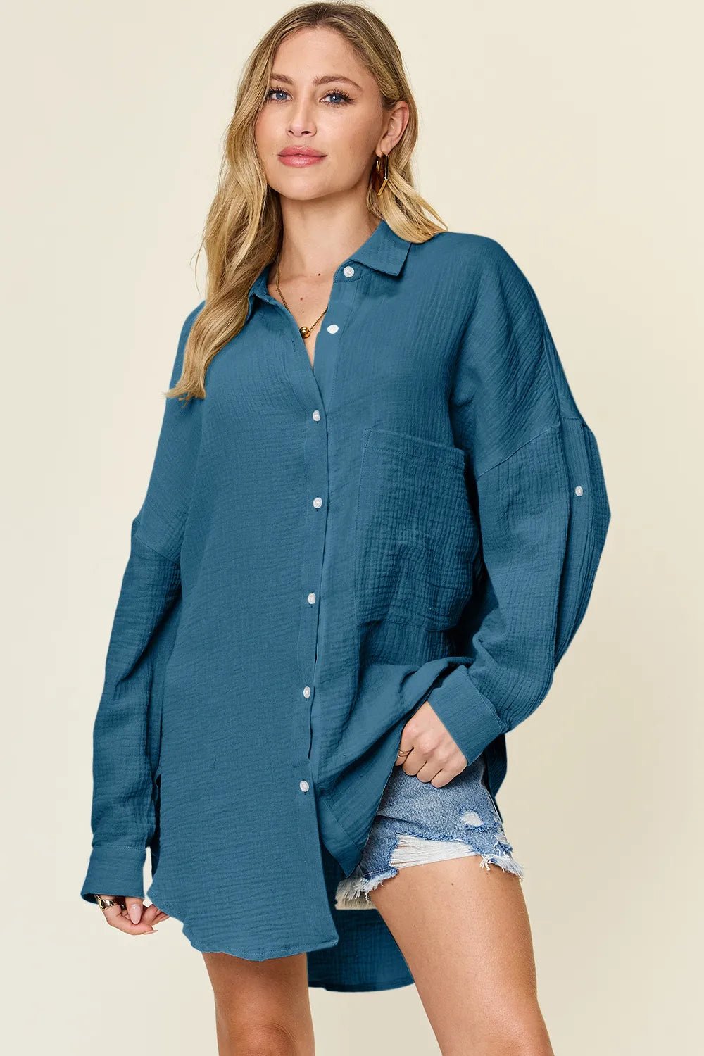 Double Take Full Size Pocketed Texture Button Up Shirt - PBNJ FASHIONS