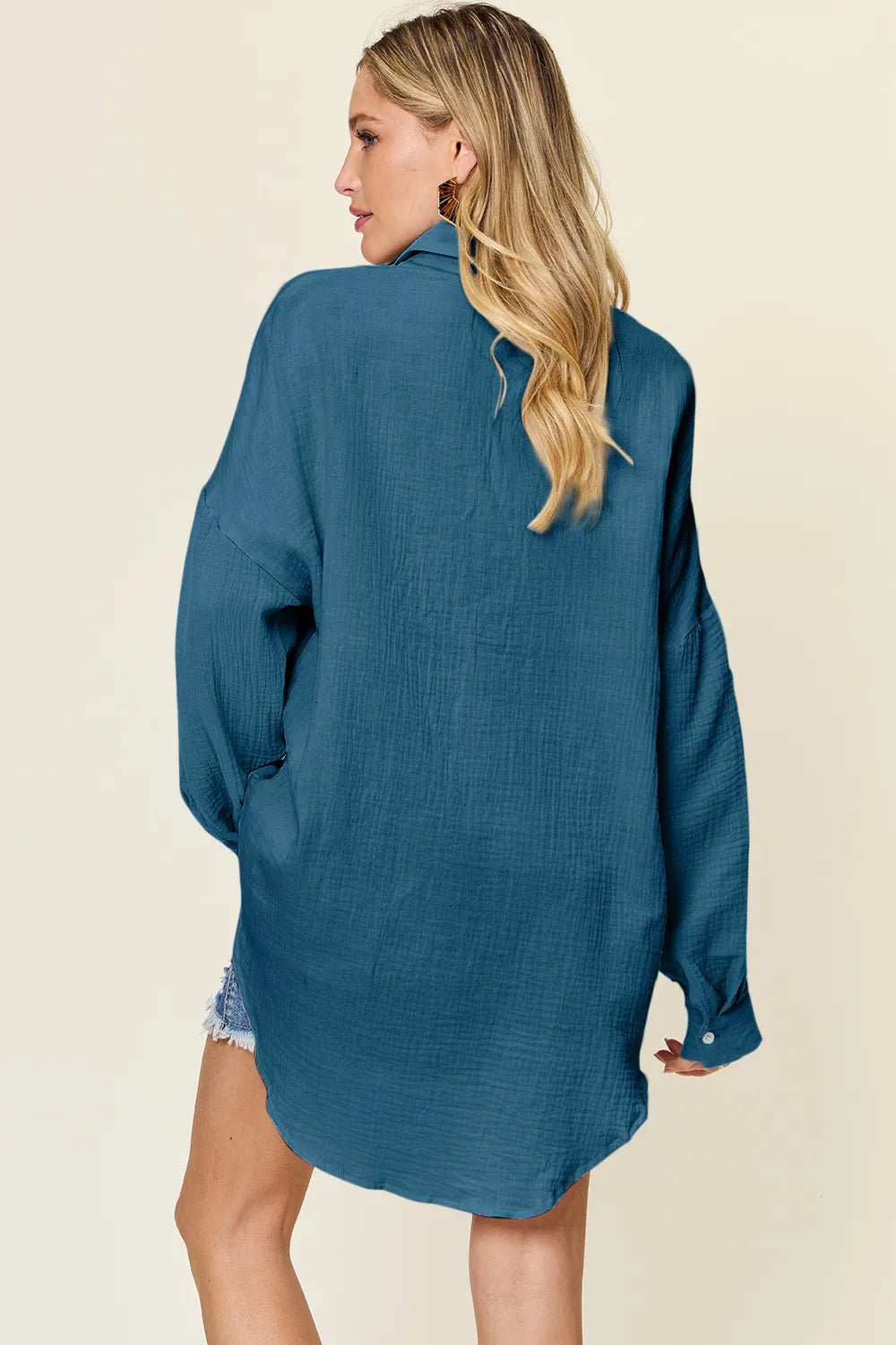 Double Take Full Size Pocketed Texture Button Up Shirt - PBNJ FASHIONS