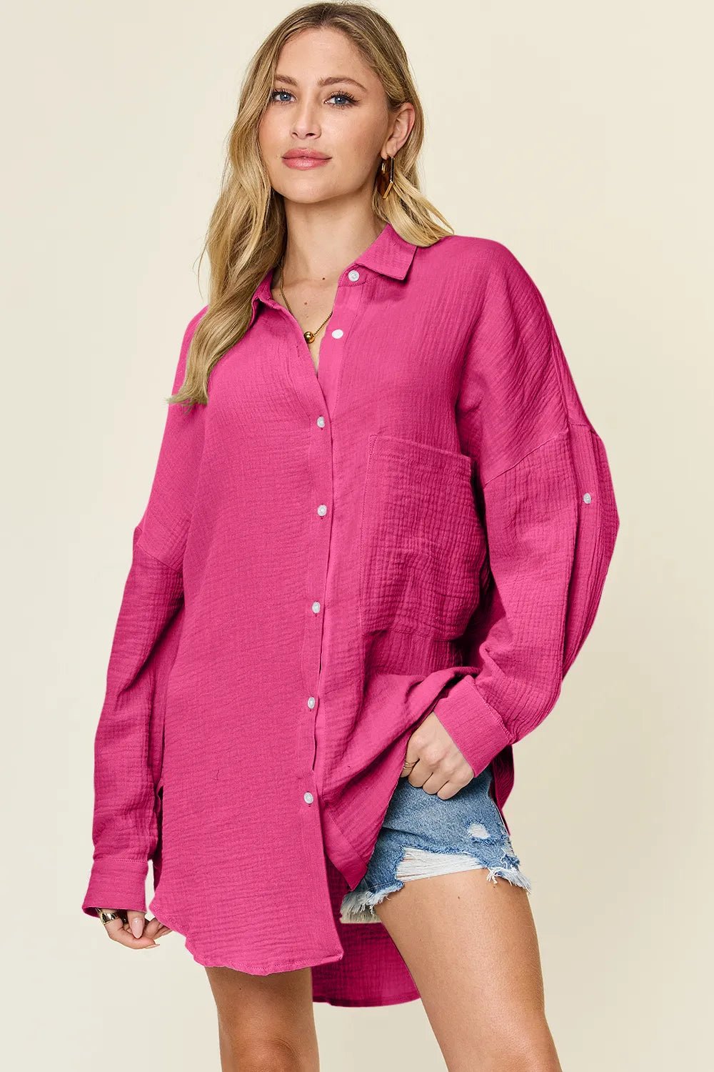 Double Take Full Size Pocketed Texture Button Up Shirt - PBNJ FASHIONS