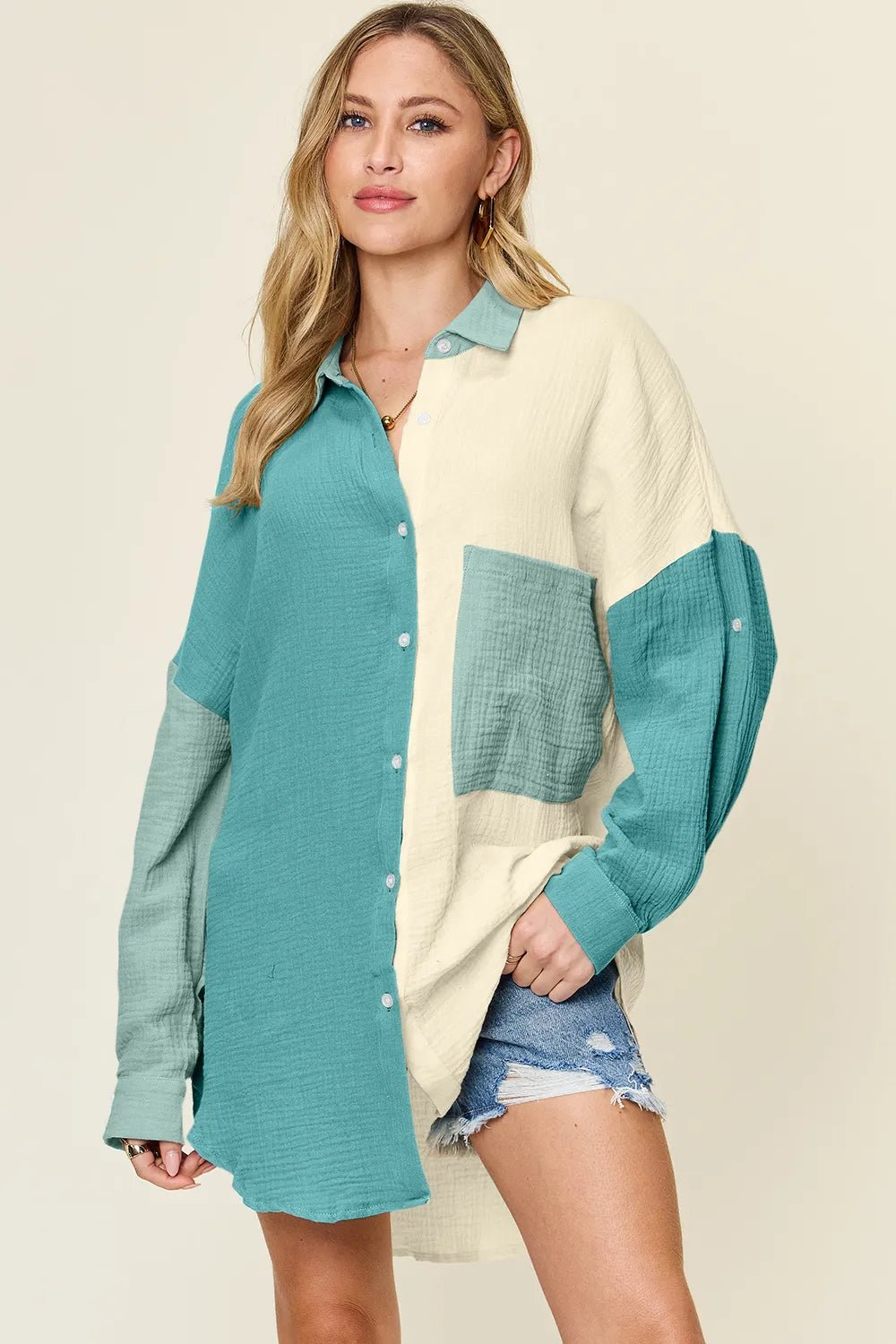 Double Take Full Size Pocketed Texture Button Up Shirt - PBNJ FASHIONS
