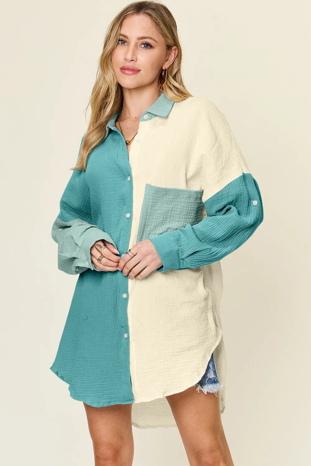 Double Take Full Size Pocketed Texture Button Up Shirt - PBNJ FASHIONS