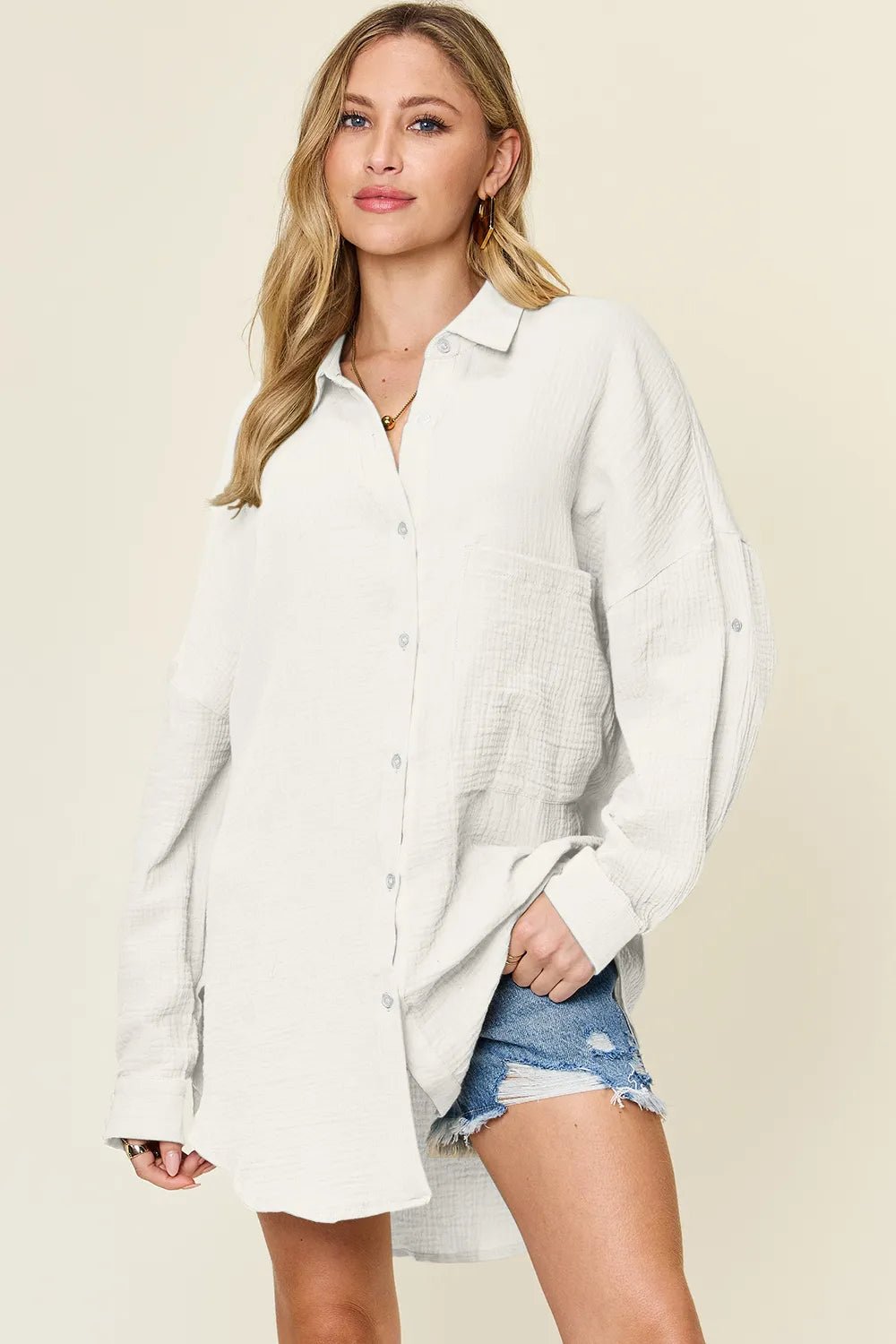 Double Take Full Size Pocketed Texture Button Up Shirt - PBNJ FASHIONS