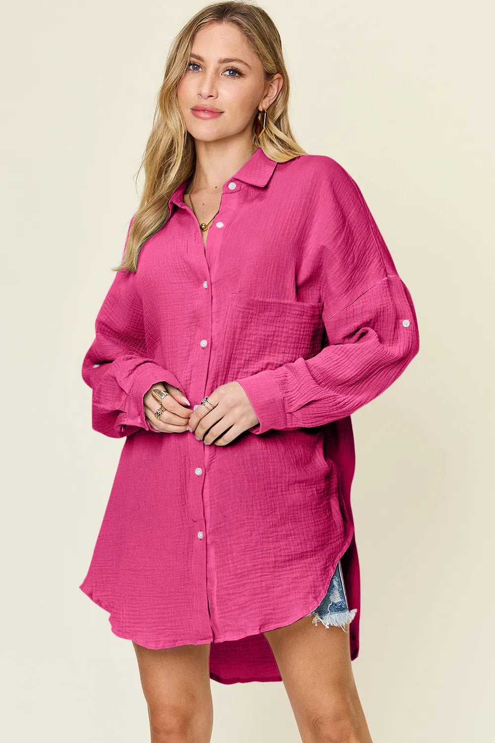 Double Take Full Size Pocketed Texture Button Up Shirt - PBNJ FASHIONS