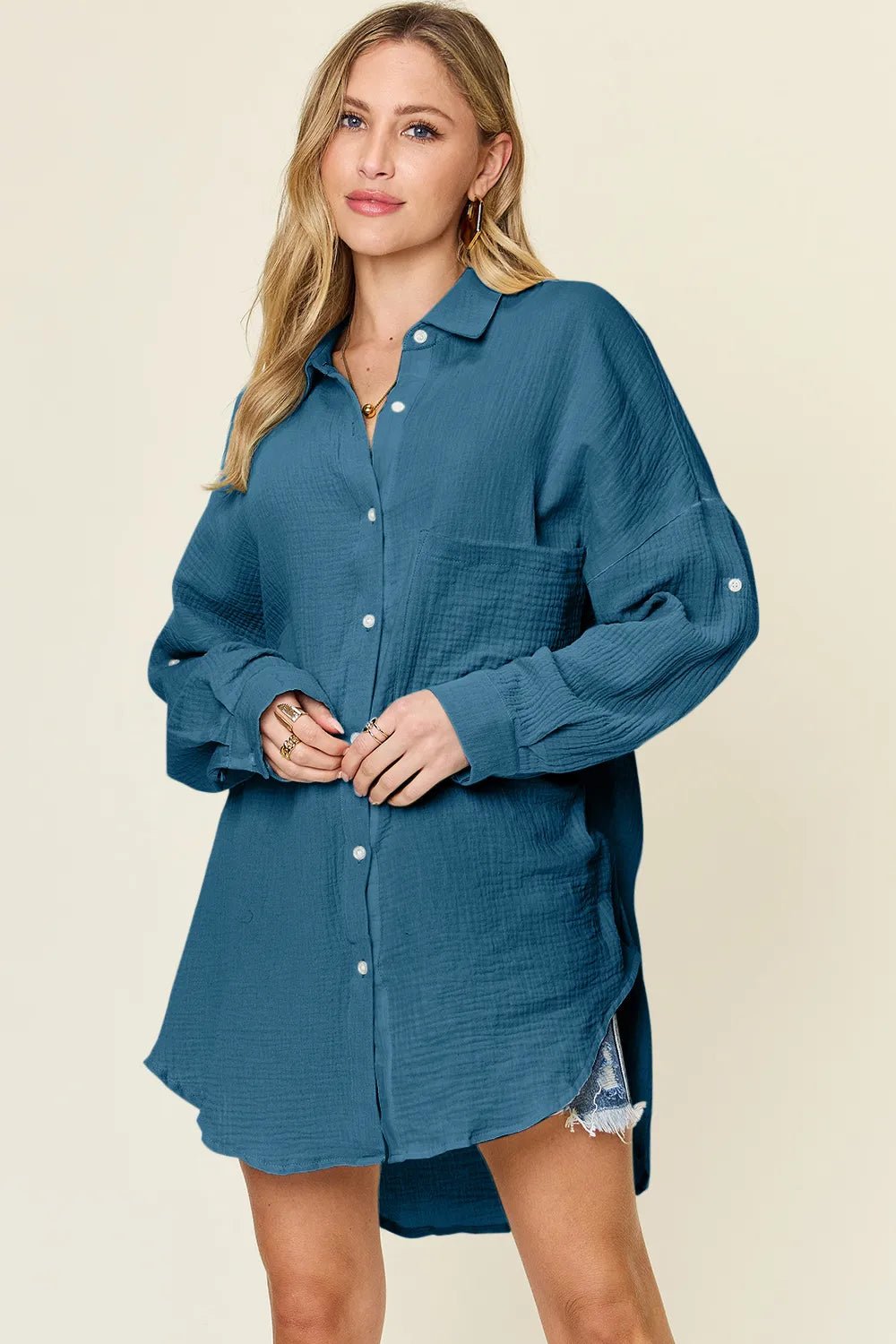 Double Take Full Size Pocketed Texture Button Up Shirt - PBNJ FASHIONS
