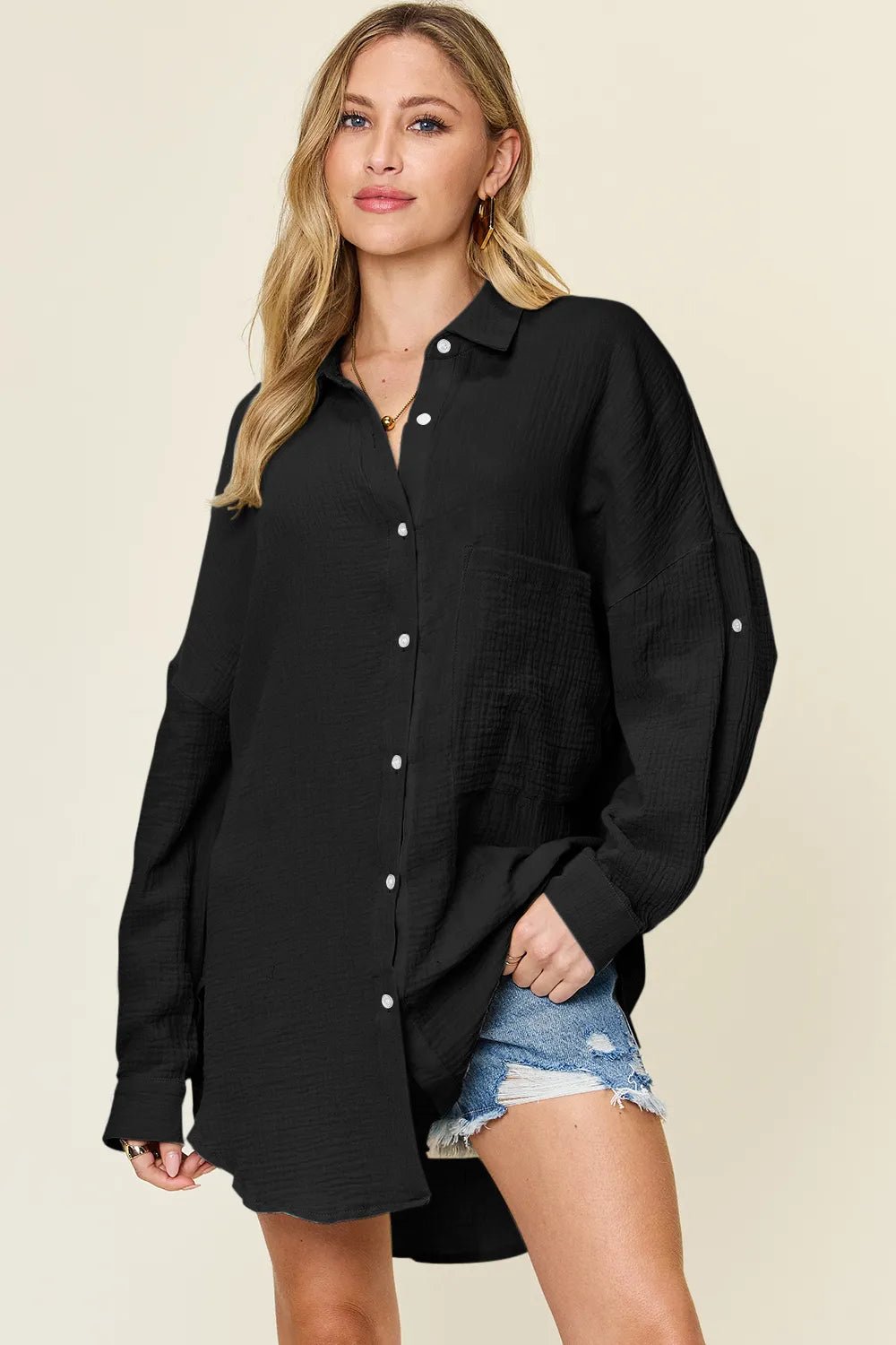 Double Take Full Size Pocketed Texture Button Up Shirt - PBNJ FASHIONS