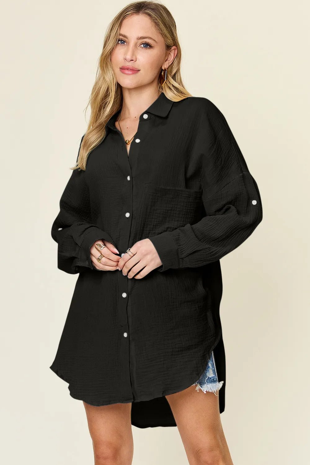 Double Take Full Size Pocketed Texture Button Up Shirt - PBNJ FASHIONS