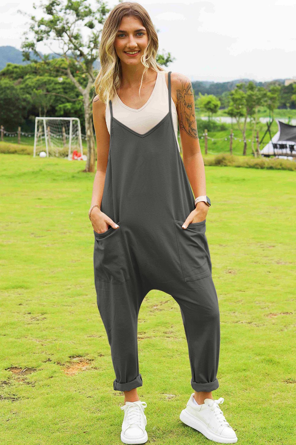 Double Take Full Size Sleeveless V - Neck Pocketed Jumpsuit - PBNJ FASHIONS