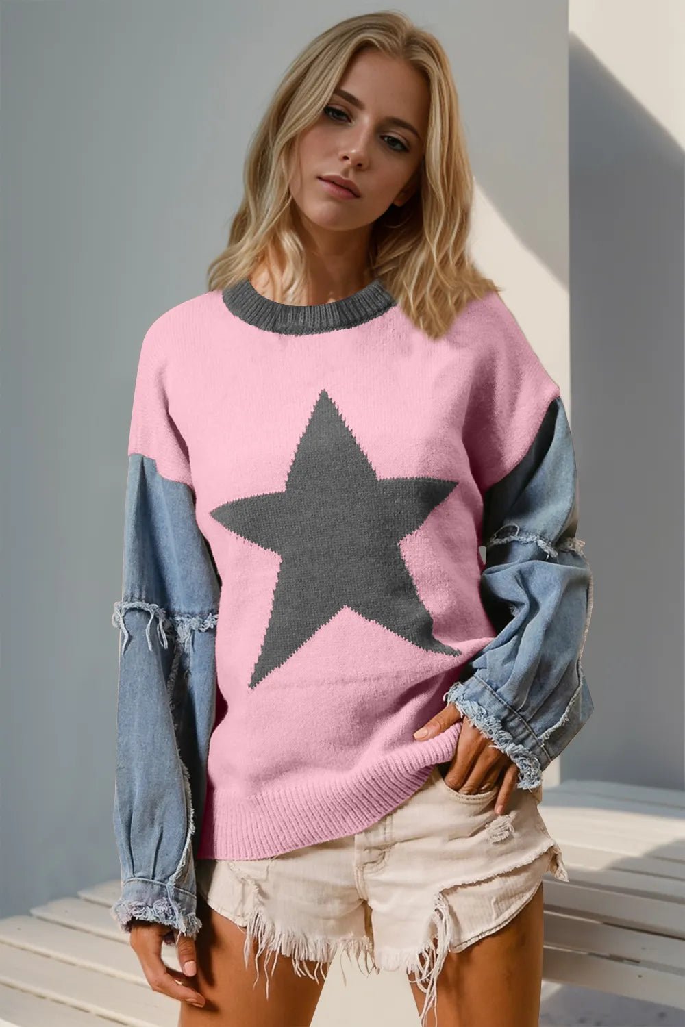 Double Take Full Size Star Pattern Raw Edge Long Sleeve Sweater - PBNJ FASHIONS