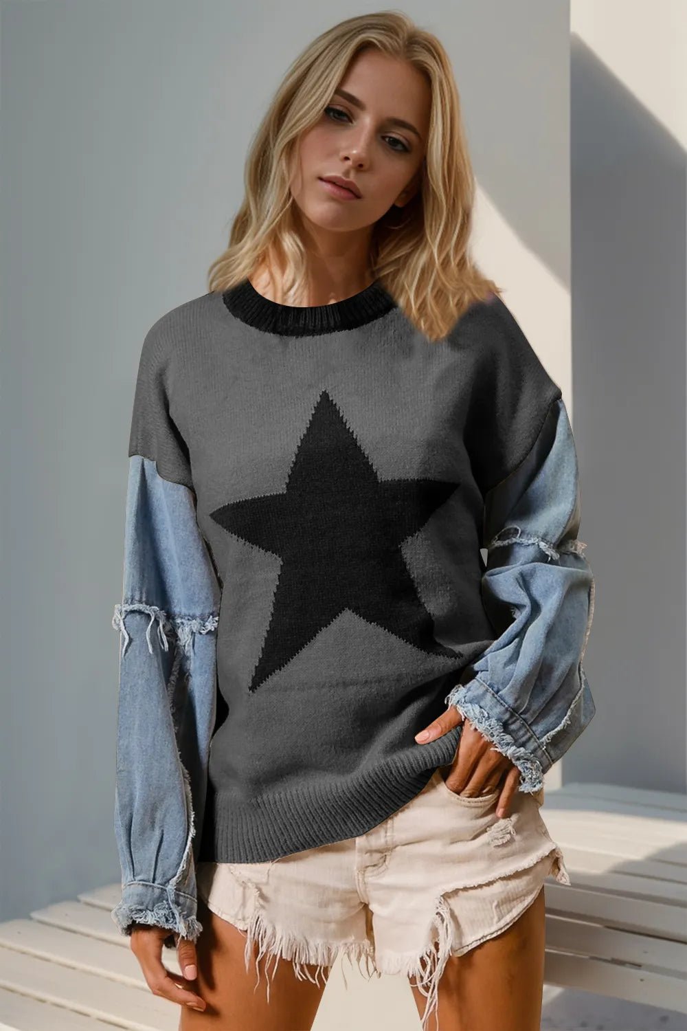 Double Take Full Size Star Pattern Raw Edge Long Sleeve Sweater - PBNJ FASHIONS