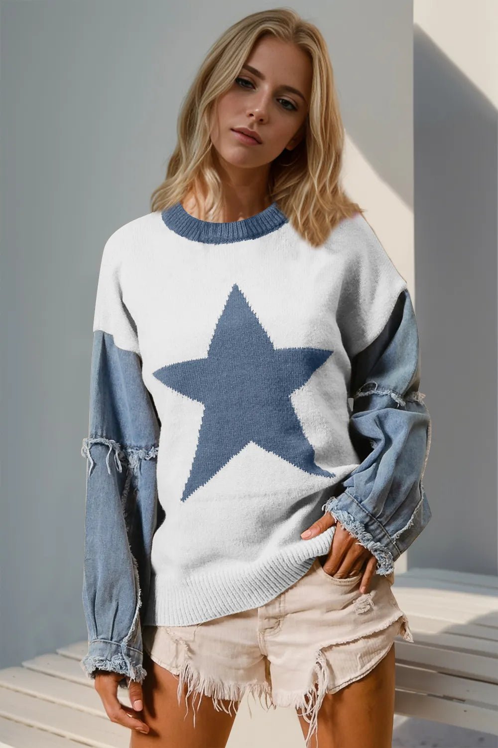 Double Take Full Size Star Pattern Raw Edge Long Sleeve Sweater - PBNJ FASHIONS