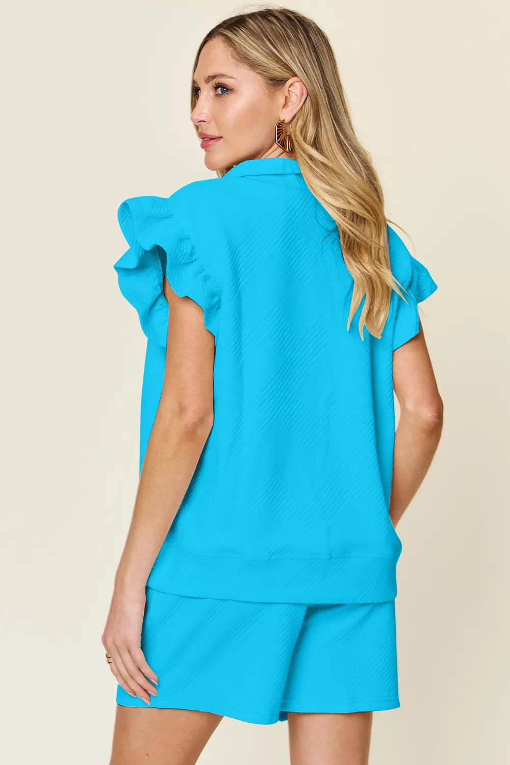 Double Take Full Size Texture Flounce Sleeve Top and Drawstring Shorts Set - PBNJ FASHIONS