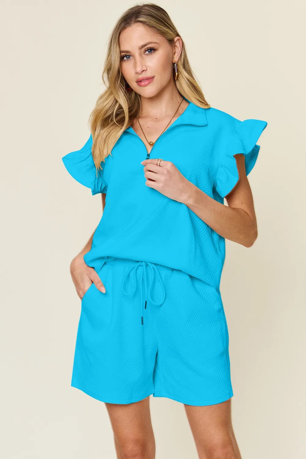 Double Take Full Size Texture Flounce Sleeve Top and Drawstring Shorts Set - PBNJ FASHIONS