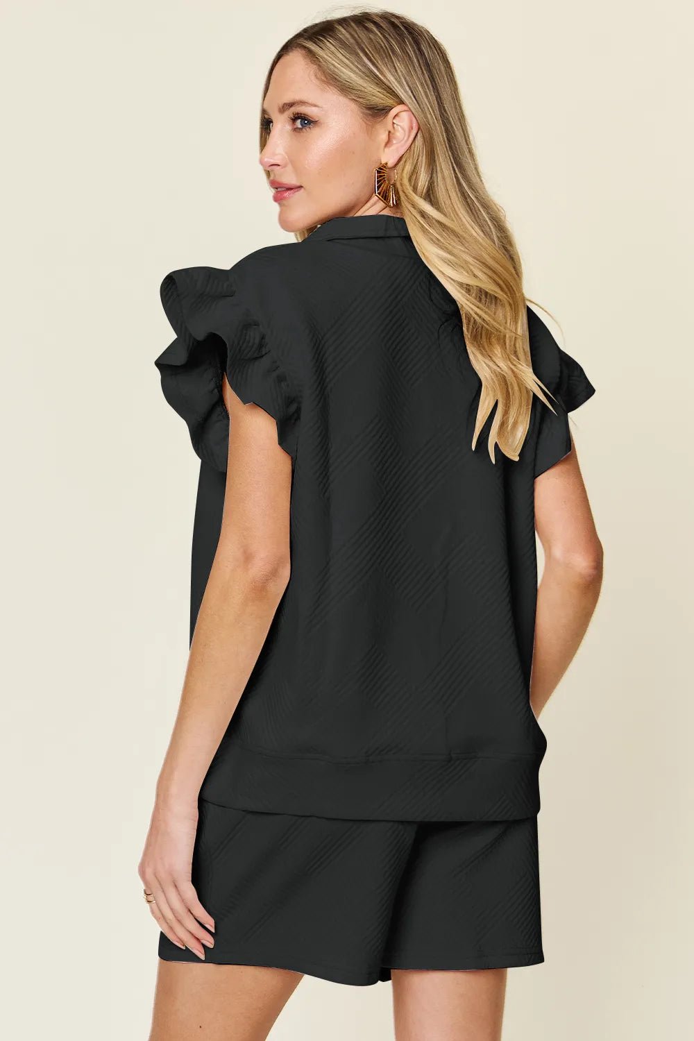 Double Take Full Size Texture Flounce Sleeve Top and Drawstring Shorts Set - PBNJ FASHIONS