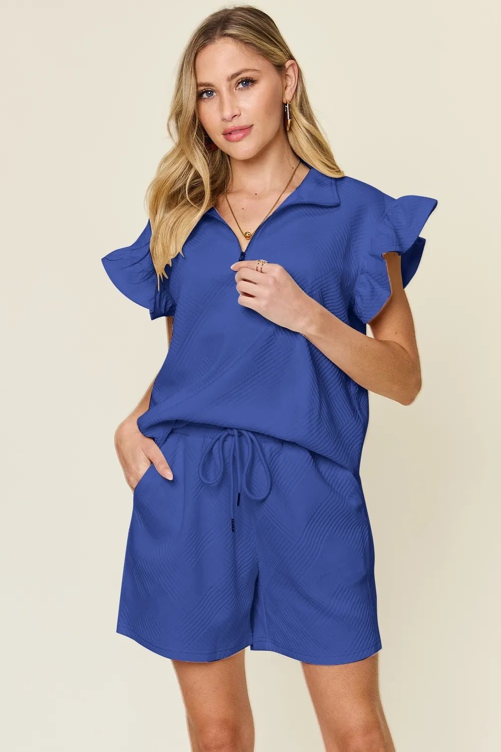 Double Take Full Size Texture Flounce Sleeve Top and Drawstring Shorts Set - PBNJ FASHIONS