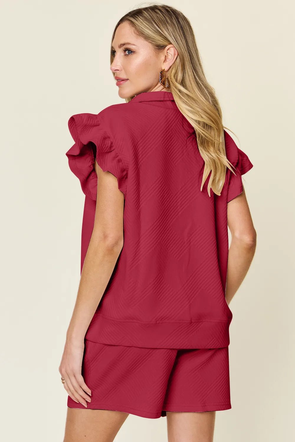 Double Take Full Size Texture Flounce Sleeve Top and Drawstring Shorts Set - PBNJ FASHIONS