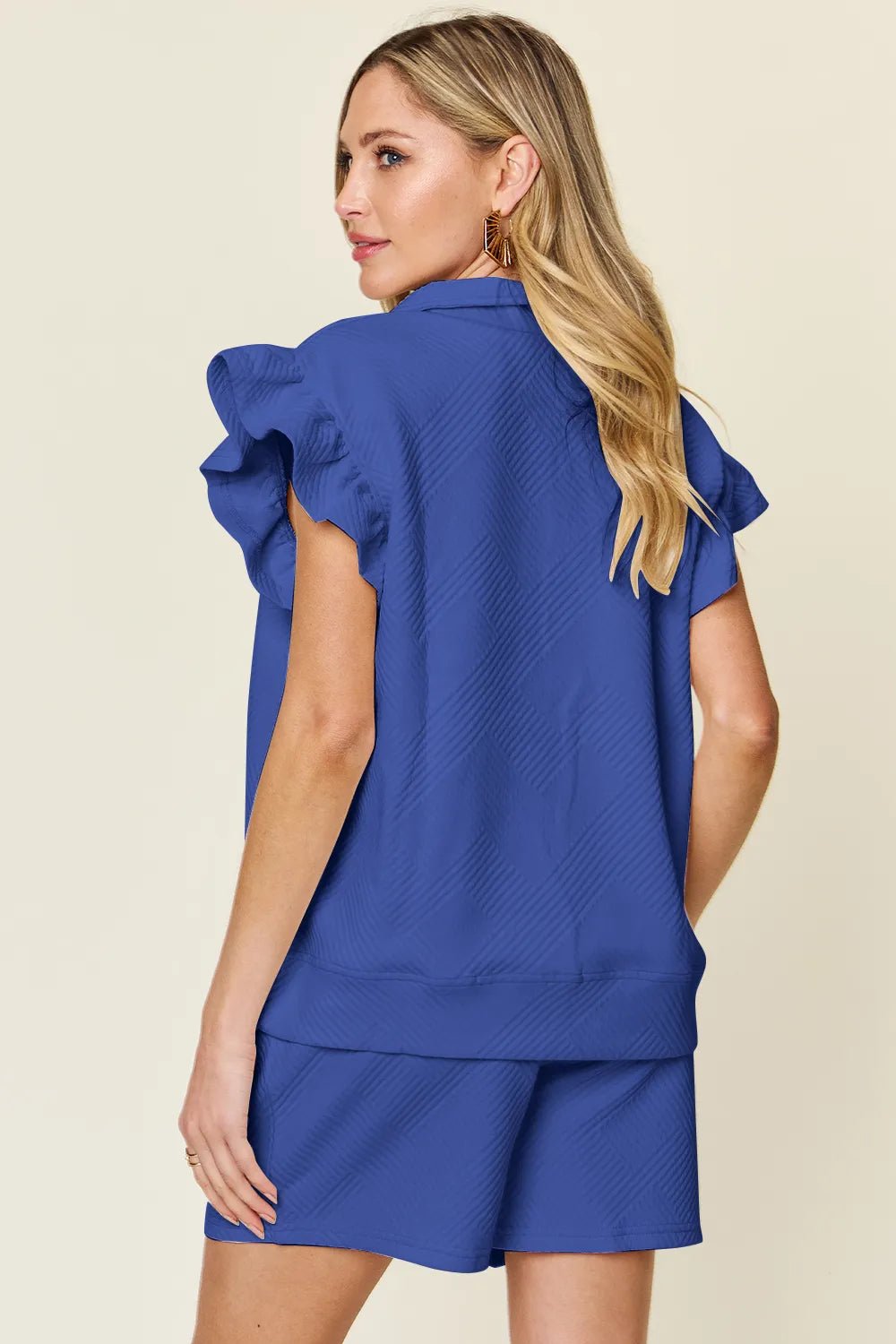 Double Take Full Size Texture Flounce Sleeve Top and Drawstring Shorts Set - PBNJ FASHIONS