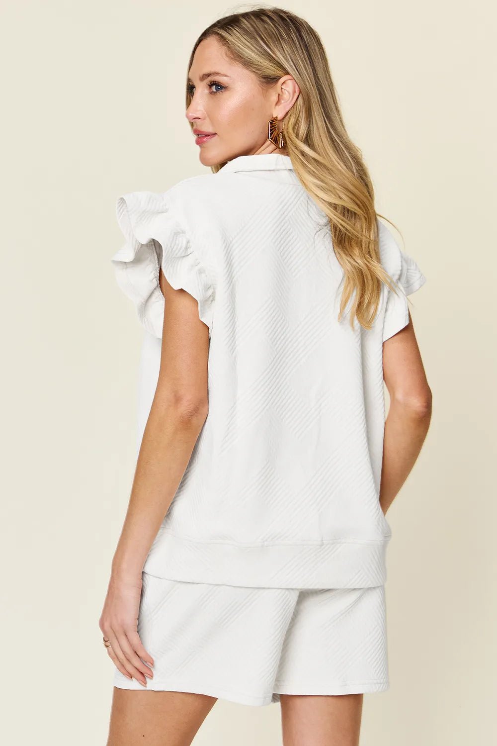 Double Take Full Size Texture Flounce Sleeve Top and Drawstring Shorts Set - PBNJ FASHIONS