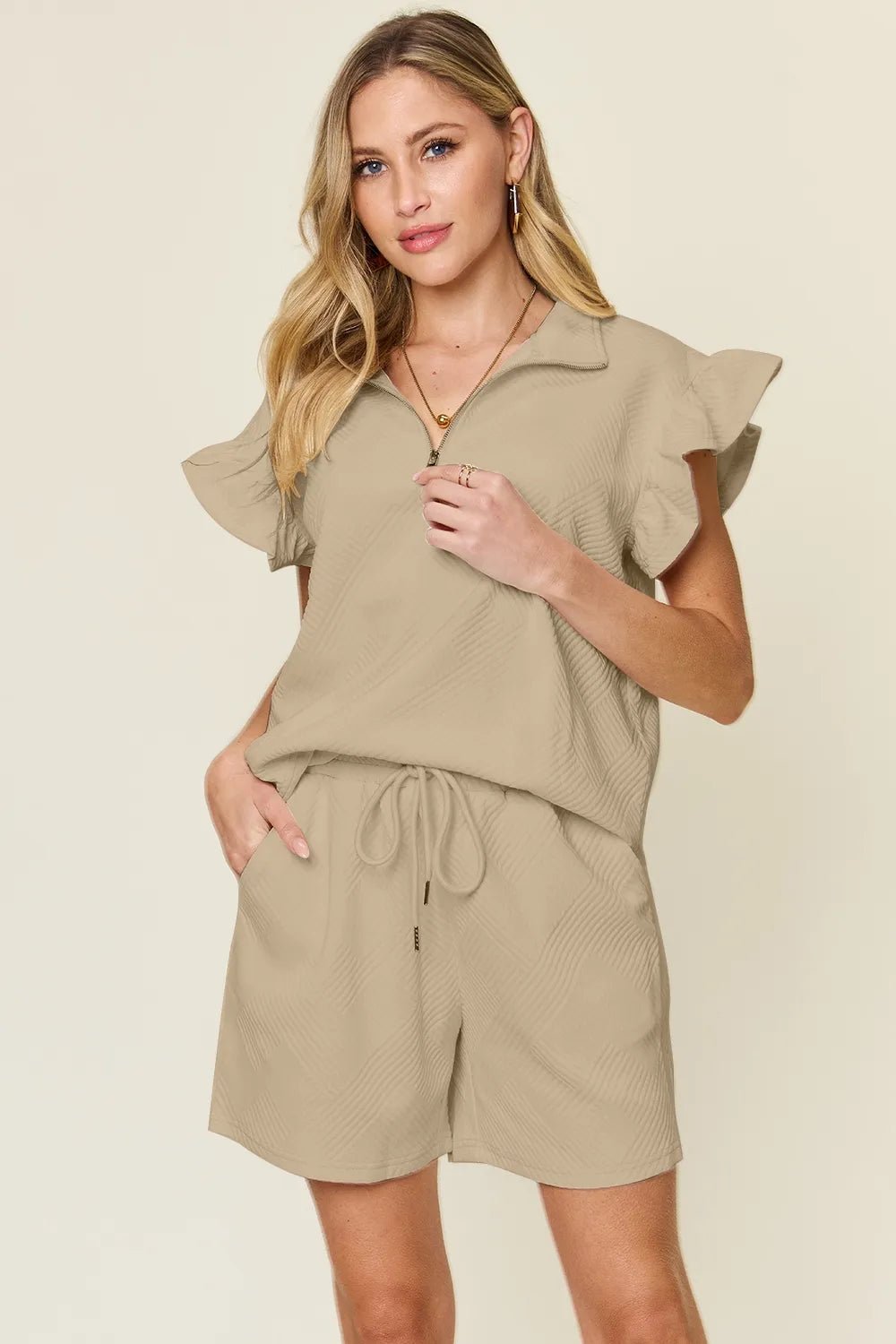 Double Take Full Size Texture Flounce Sleeve Top and Drawstring Shorts Set - PBNJ FASHIONS