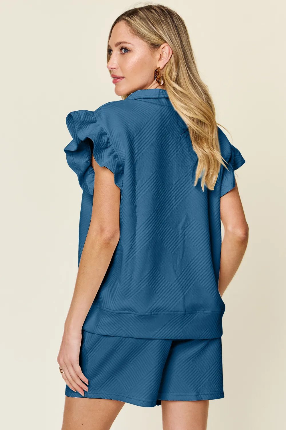 Double Take Full Size Texture Flounce Sleeve Top and Drawstring Shorts Set - PBNJ FASHIONS