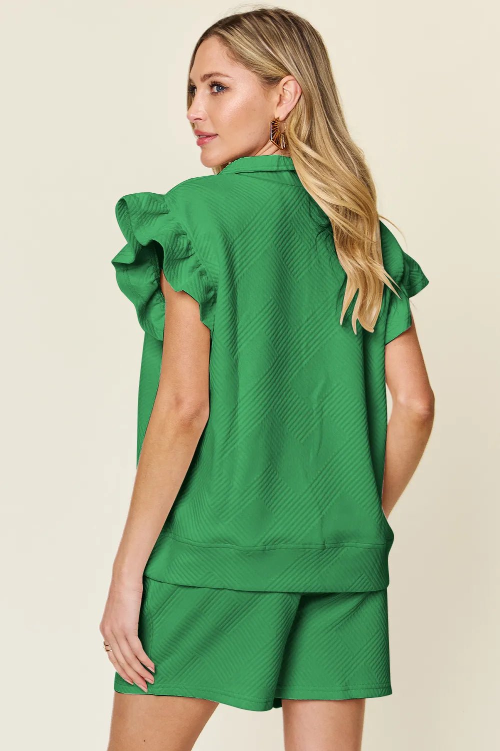 Double Take Full Size Texture Flounce Sleeve Top and Drawstring Shorts Set - PBNJ FASHIONS