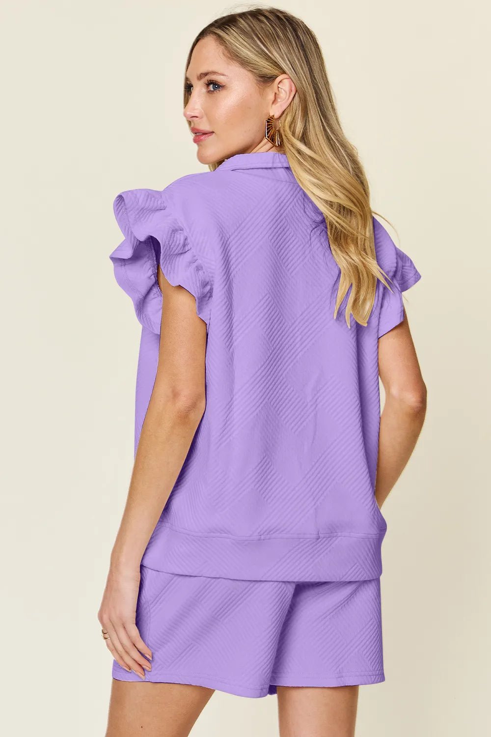 Double Take Full Size Texture Flounce Sleeve Top and Drawstring Shorts Set - PBNJ FASHIONS