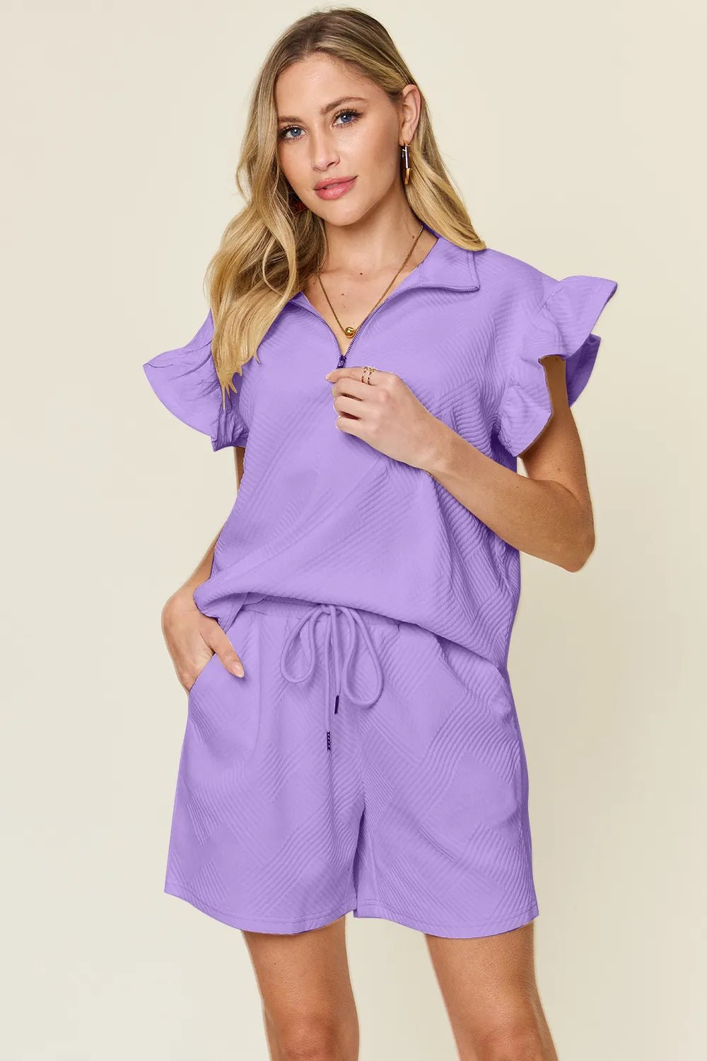 Double Take Full Size Texture Flounce Sleeve Top and Drawstring Shorts Set - PBNJ FASHIONS