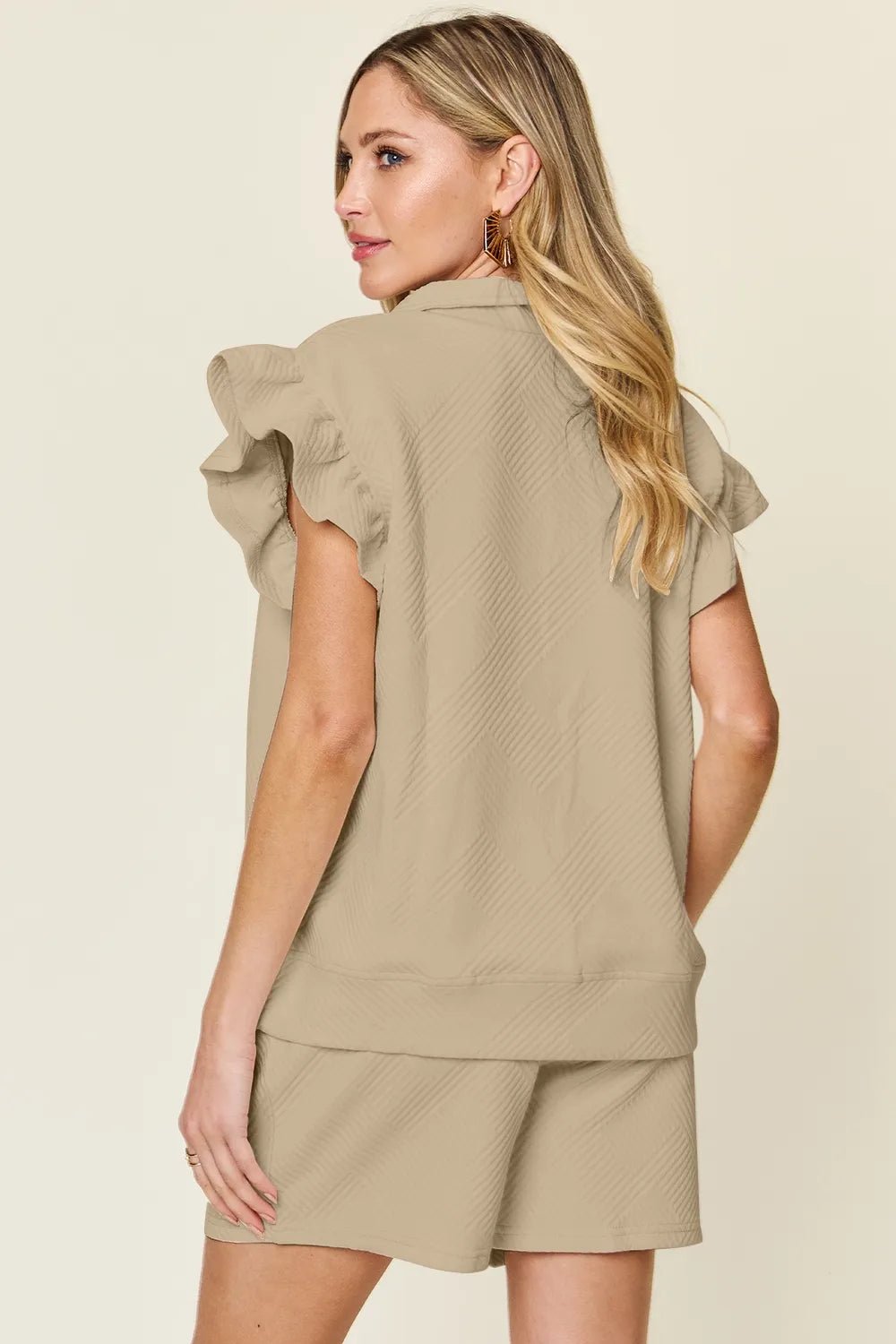 Double Take Full Size Texture Flounce Sleeve Top and Drawstring Shorts Set - PBNJ FASHIONS