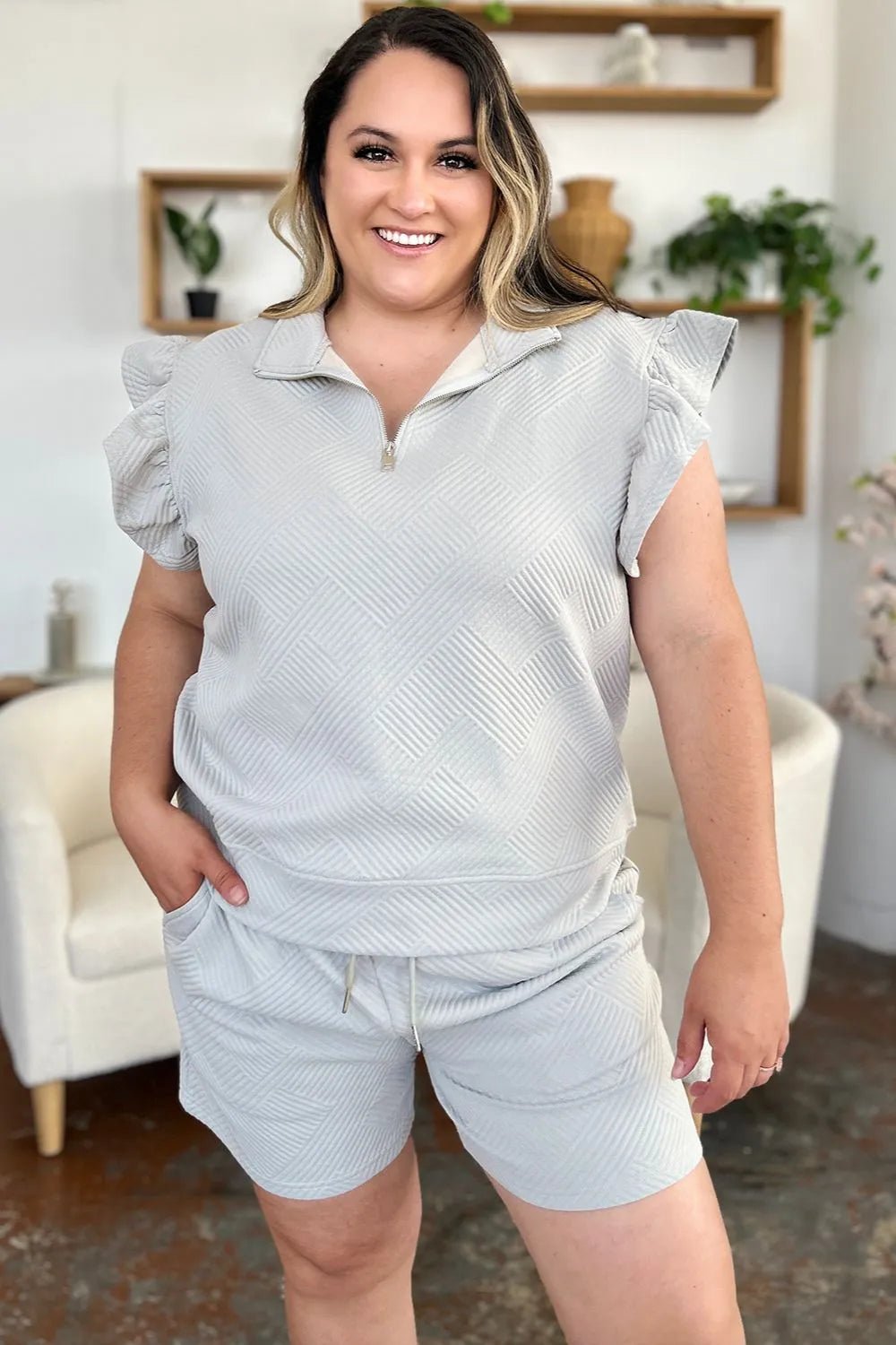Double Take Full Size Texture Flounce Sleeve Top and Drawstring Shorts Set - PBNJ FASHIONS