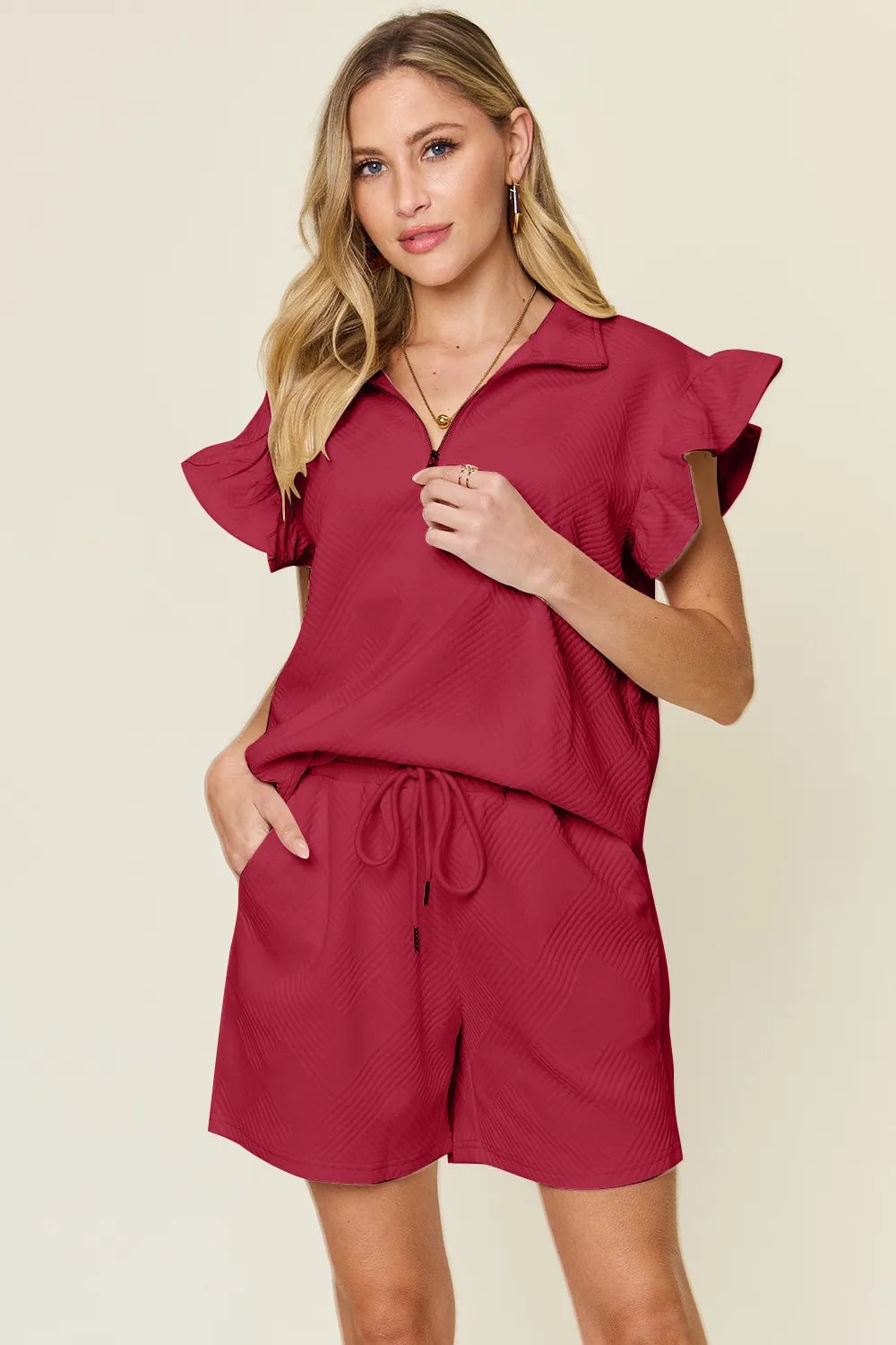 Double Take Full Size Texture Flounce Sleeve Top and Drawstring Shorts Set - PBNJ FASHIONS