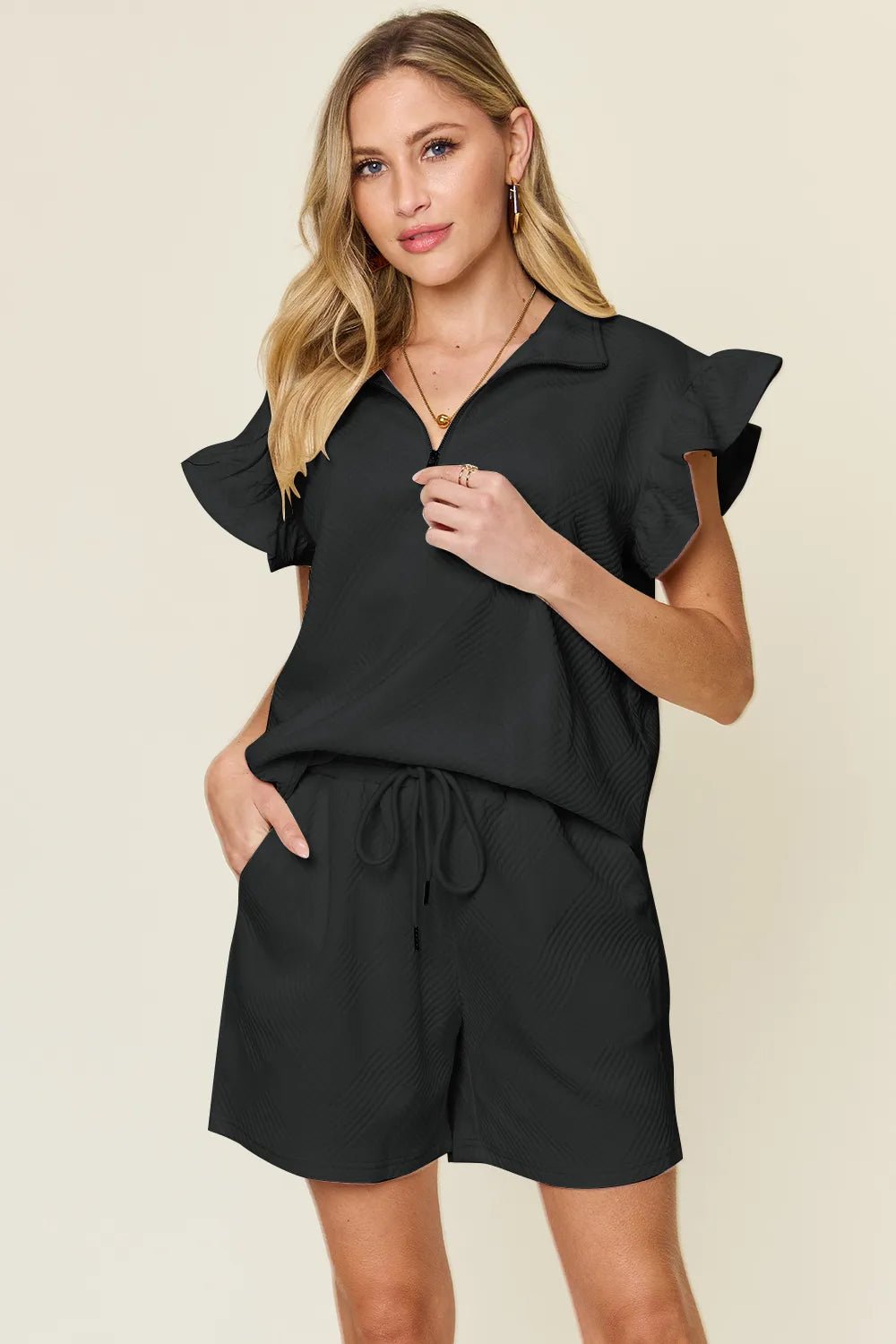 Double Take Full Size Texture Flounce Sleeve Top and Drawstring Shorts Set - PBNJ FASHIONS