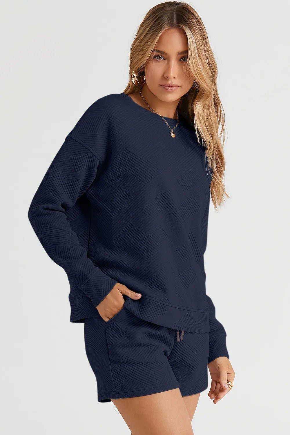 Double Take Full Size Texture Long Sleeve Top and Drawstring Shorts Set - PBNJ FASHIONS