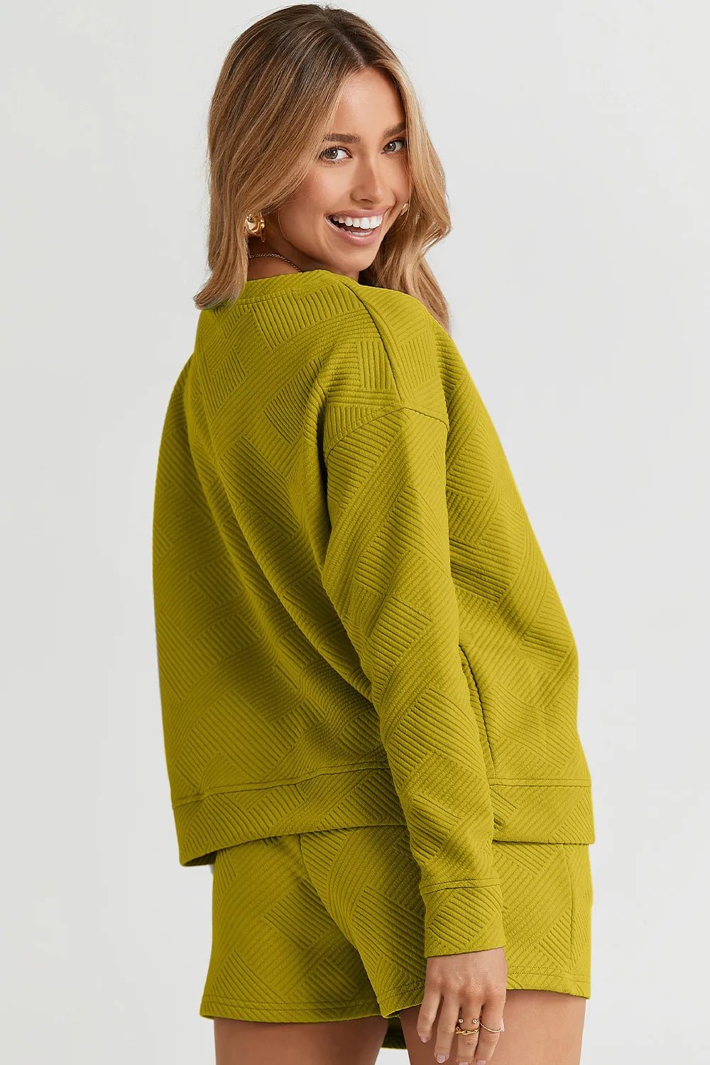Double Take Full Size Texture Long Sleeve Top and Drawstring Shorts Set - PBNJ FASHIONS