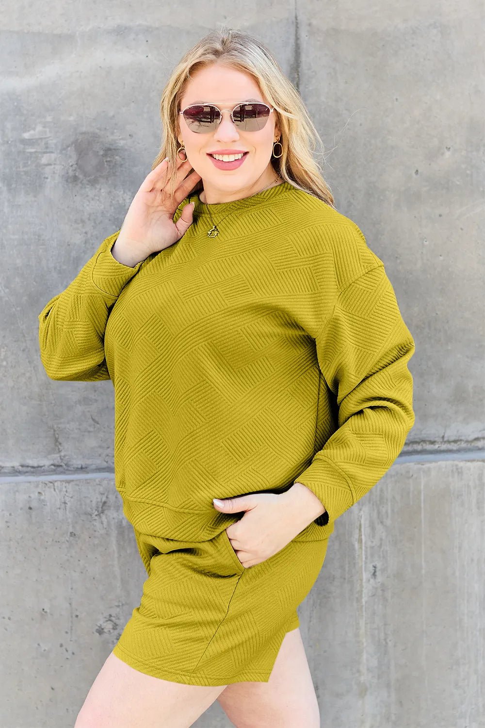 Double Take Full Size Texture Long Sleeve Top and Drawstring Shorts Set - PBNJ FASHIONS