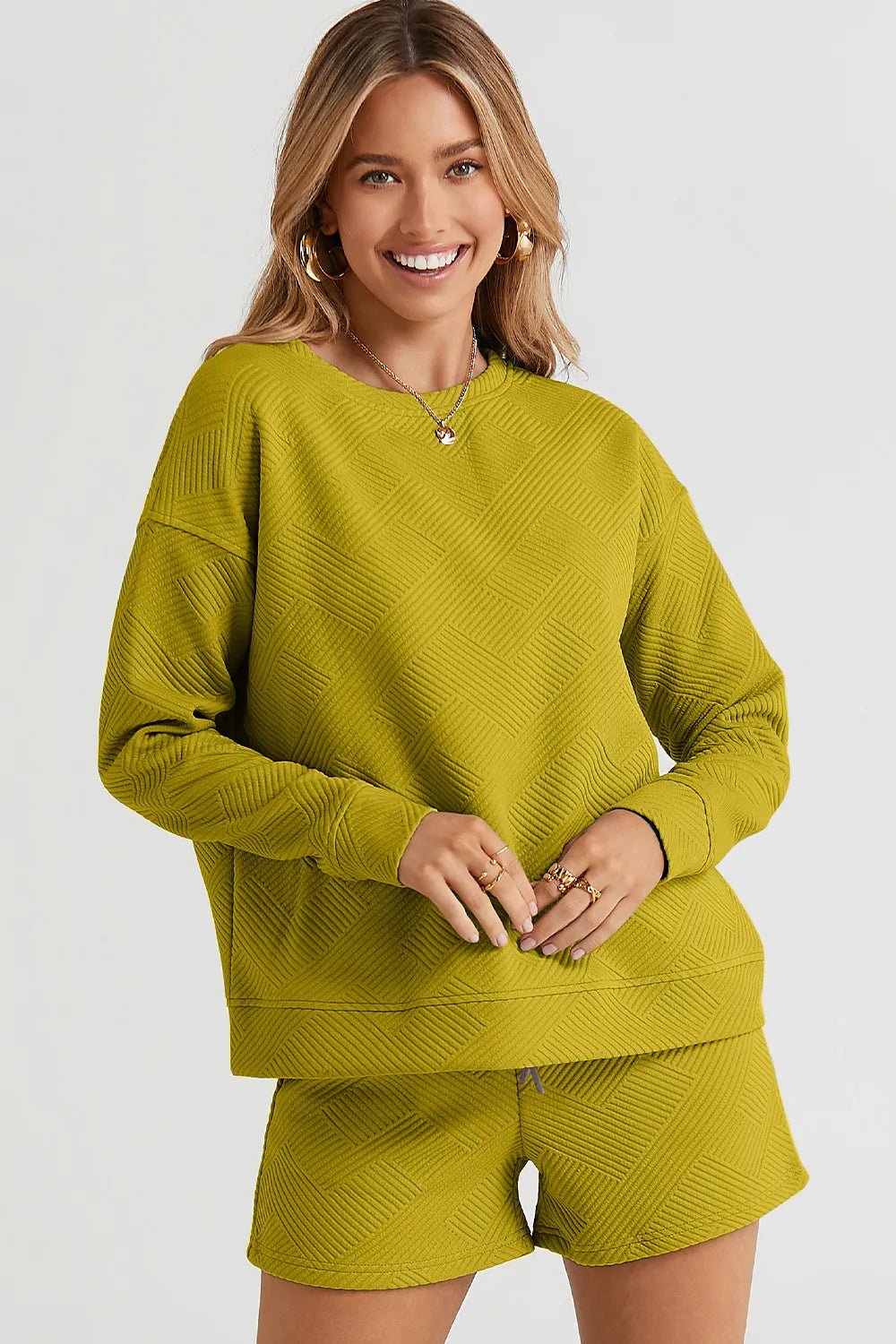 Double Take Full Size Texture Long Sleeve Top and Drawstring Shorts Set - PBNJ FASHIONS