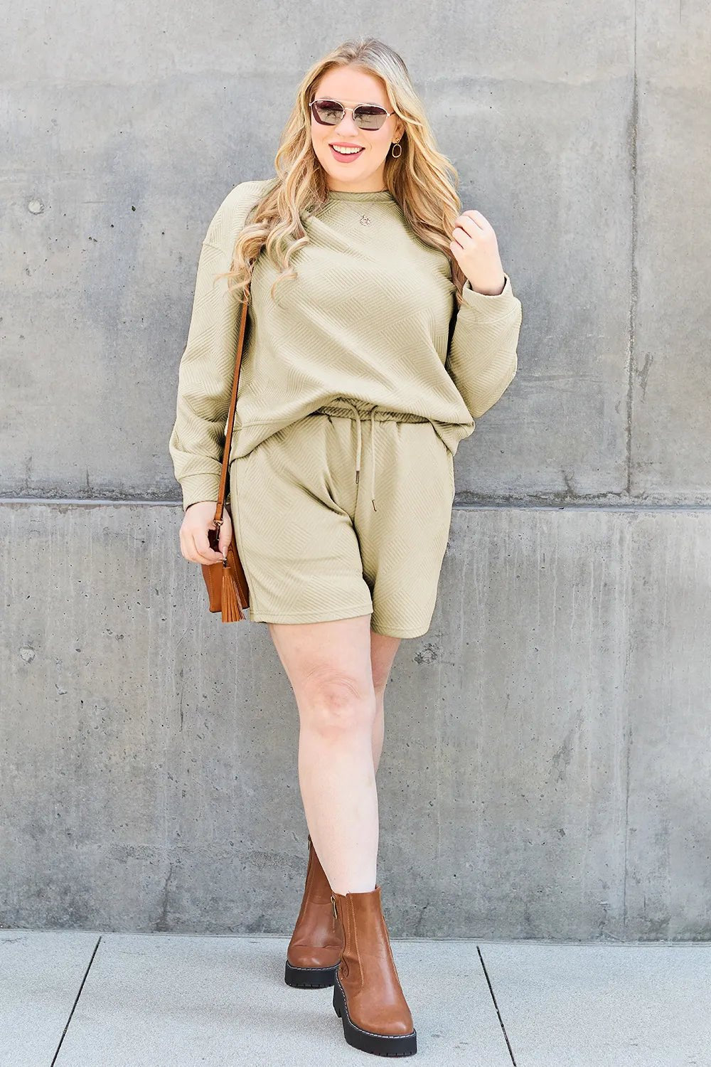 Double Take Full Size Texture Long Sleeve Top and Drawstring Shorts Set - PBNJ FASHIONS