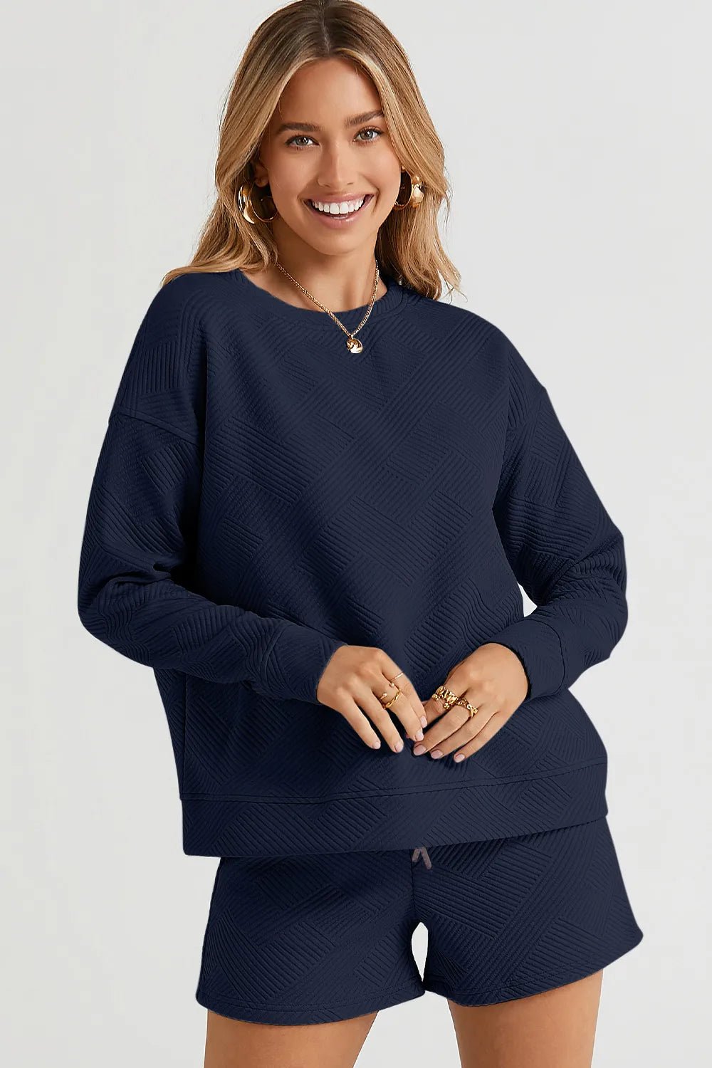 Double Take Full Size Texture Long Sleeve Top and Drawstring Shorts Set - PBNJ FASHIONS