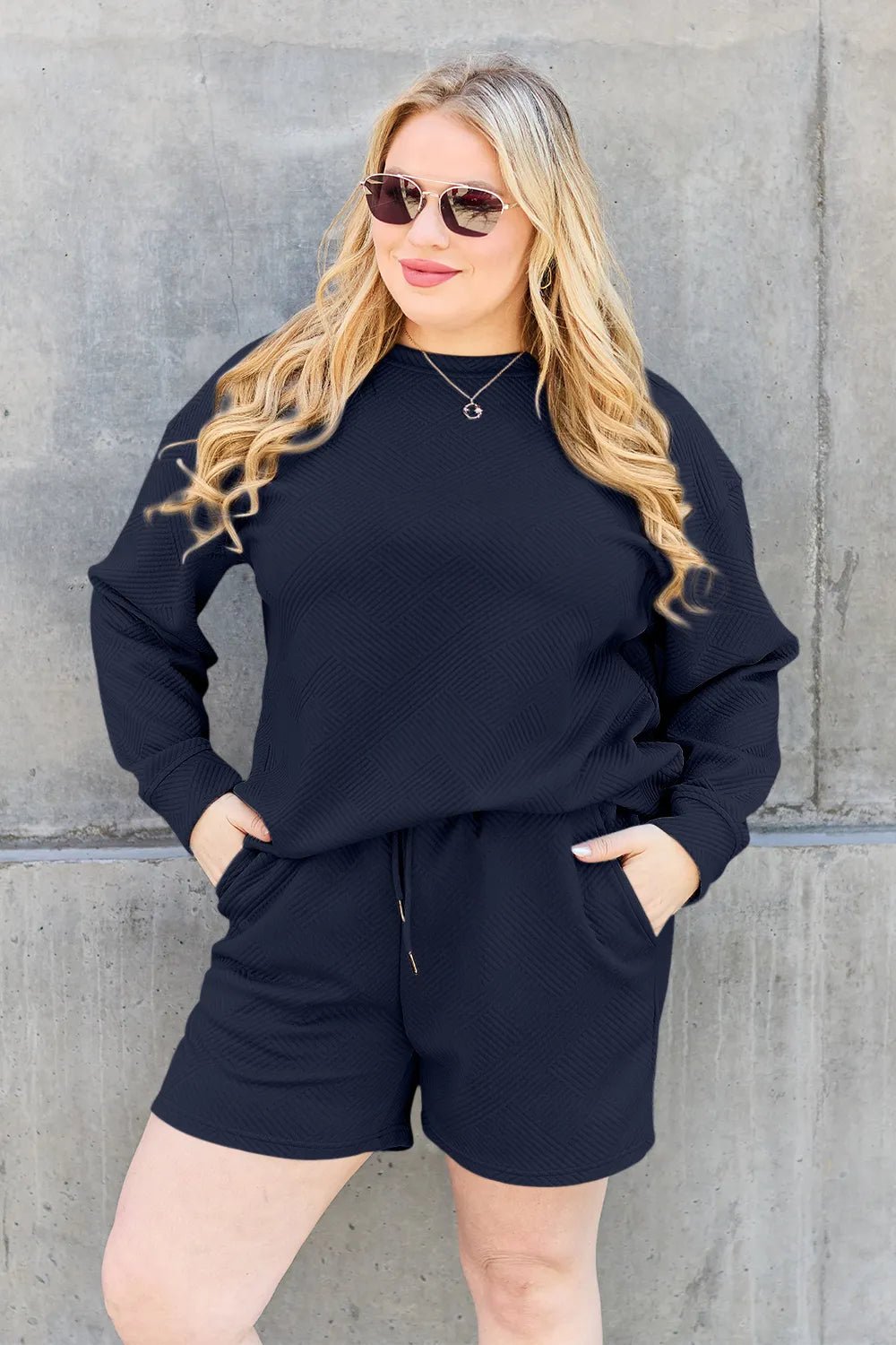 Double Take Full Size Texture Long Sleeve Top and Drawstring Shorts Set - PBNJ FASHIONS