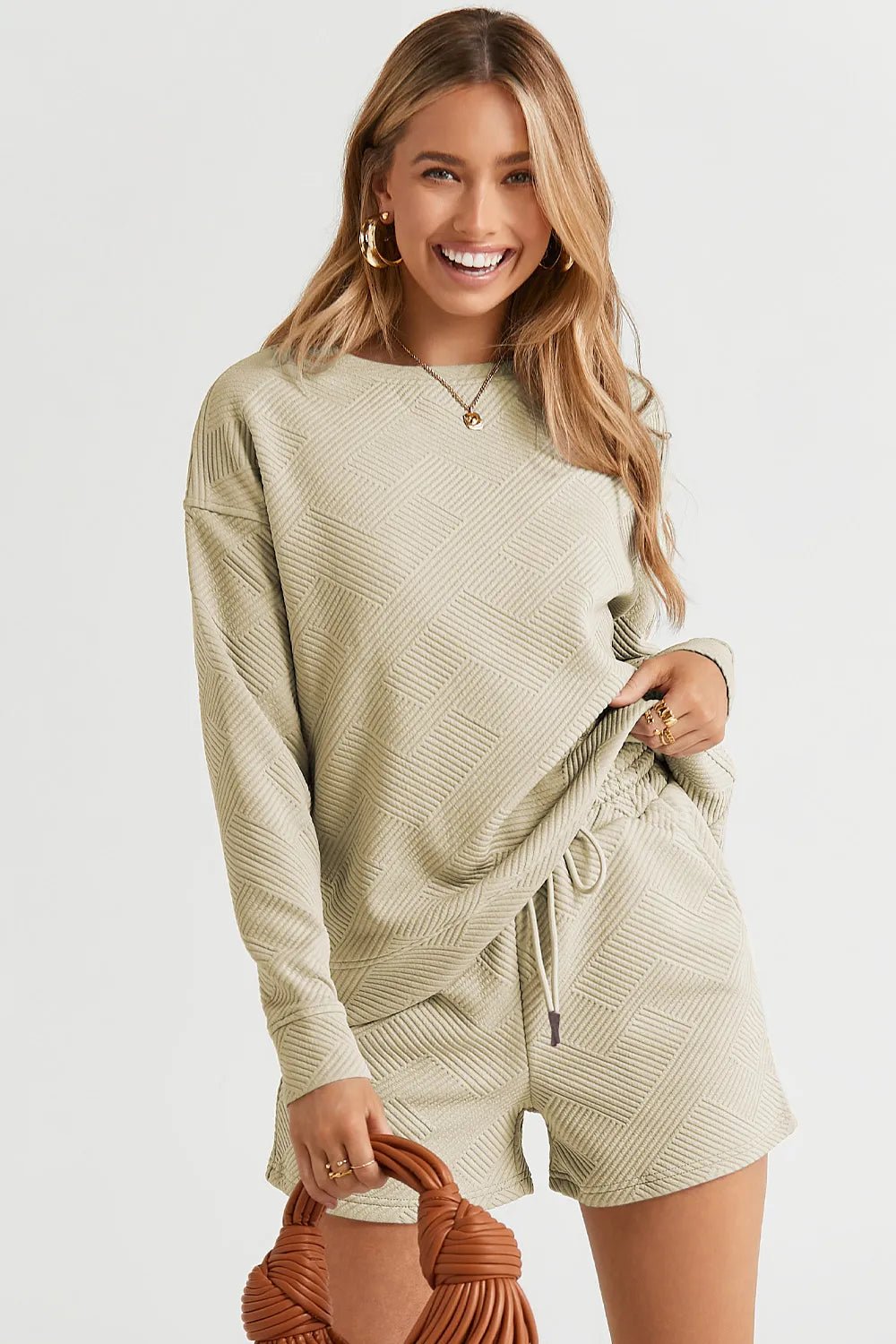 Double Take Full Size Texture Long Sleeve Top and Drawstring Shorts Set - PBNJ FASHIONS