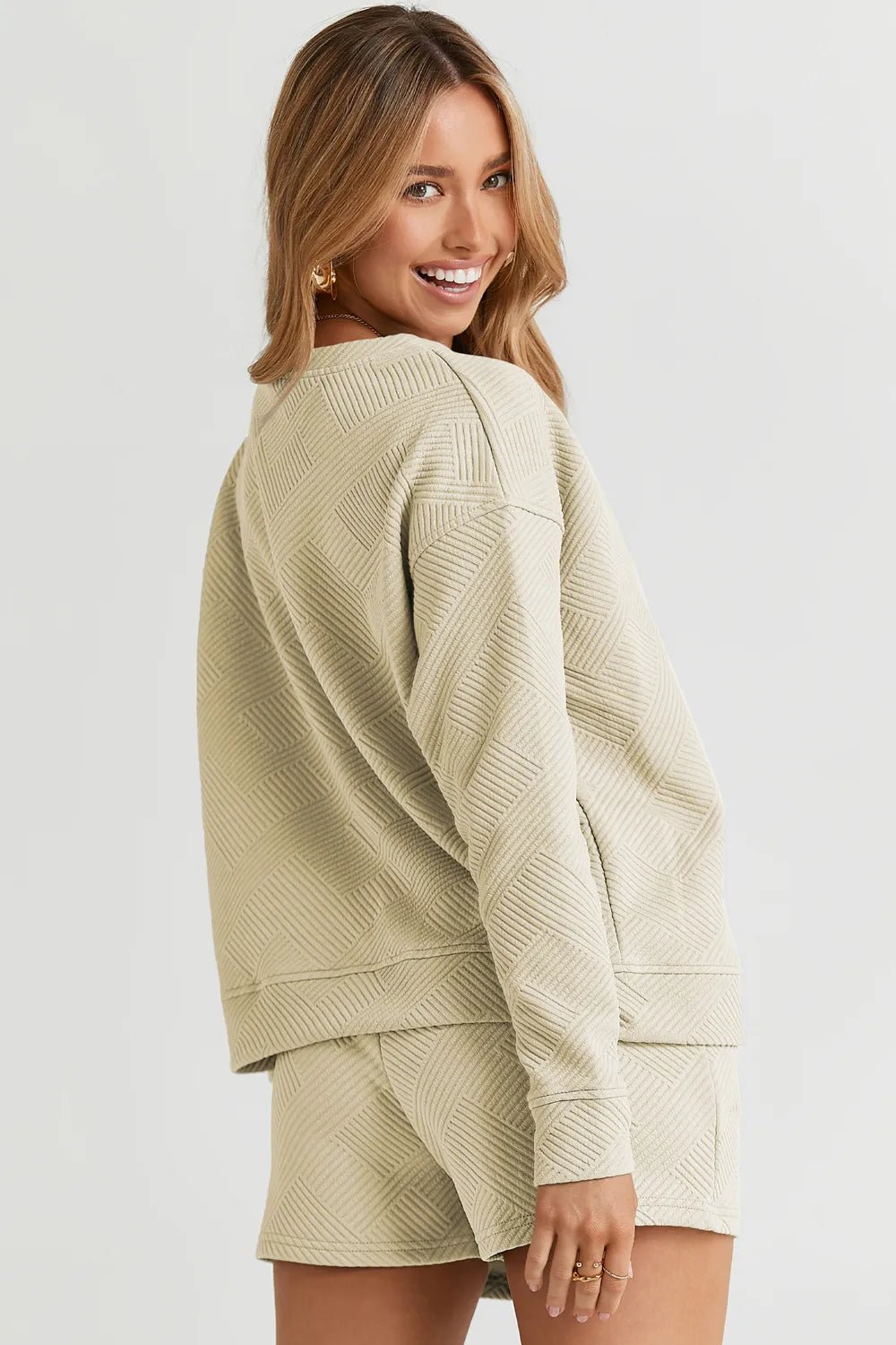 Double Take Full Size Texture Long Sleeve Top and Drawstring Shorts Set - PBNJ FASHIONS