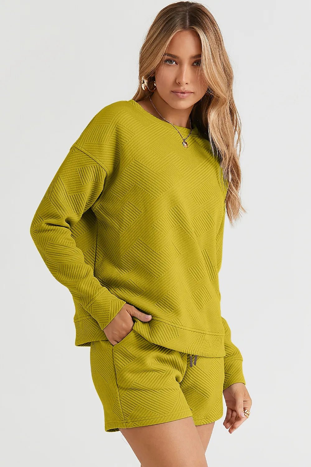 Double Take Full Size Texture Long Sleeve Top and Drawstring Shorts Set - PBNJ FASHIONS