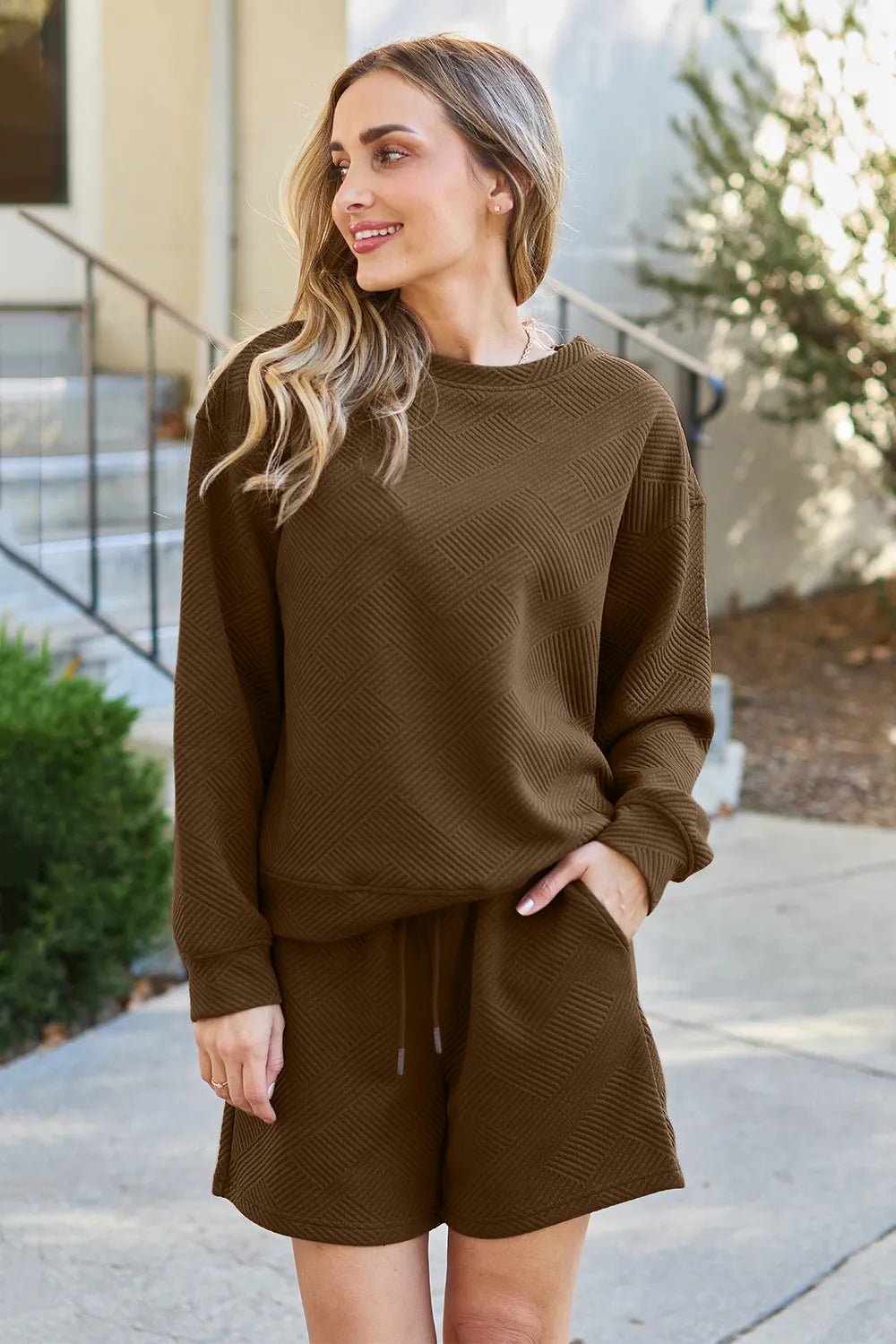 Double Take Full Size Texture Long Sleeve Top and Drawstring Shorts Set - PBNJ FASHIONS