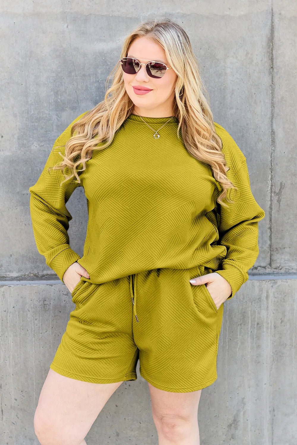 Double Take Full Size Texture Long Sleeve Top and Drawstring Shorts Set - PBNJ FASHIONS