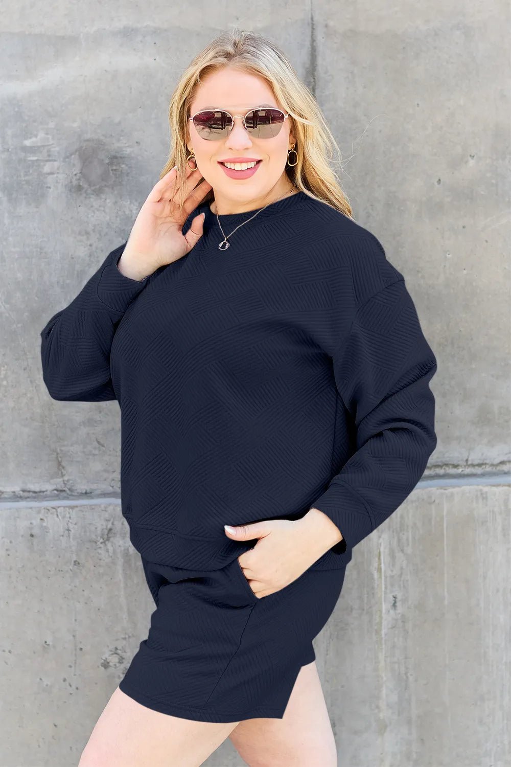 Double Take Full Size Texture Long Sleeve Top and Drawstring Shorts Set - PBNJ FASHIONS